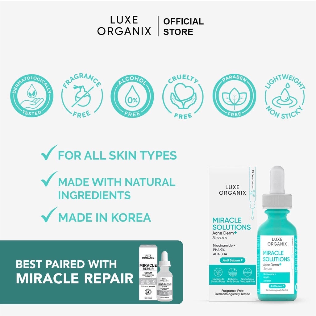 Luxe Organix Miracle Solutions AHA/BHA Acne Derm+ Serum (30ml)