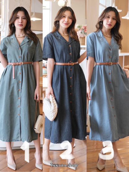 Zepanie Denim Style Maxi Dress Belt Included (Free Size up to 10/12)